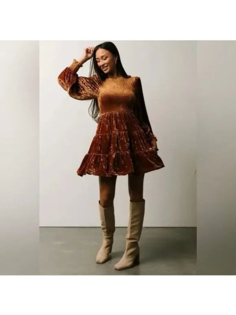 Baltic Born Kele Crushed Velvet Copper Smocked Tiered Mini Dress NWT Small